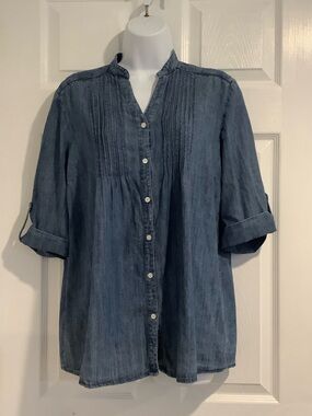 J.McLAUGHLIN Blue Linen Blend Chambray Denim 1/2 Sleeve Coastal Grandma Top S
